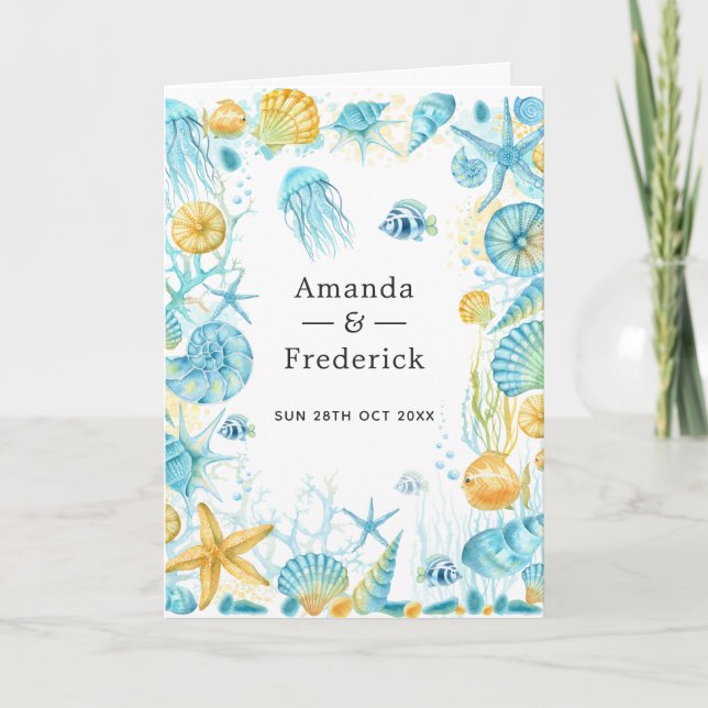 Blue and Yellow Sea Life Wedding Program (Front)