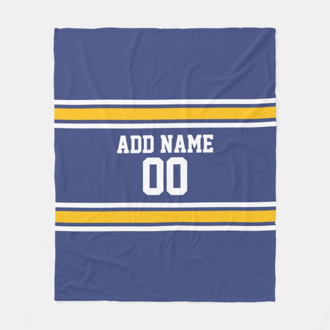 Blue and Yellow Sports Stripes Custom Name Number Fleece Blanket (Front)