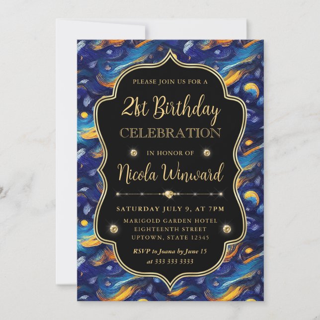 Blue and Yellow Starry Night 21st Birthday Invitation (Front)