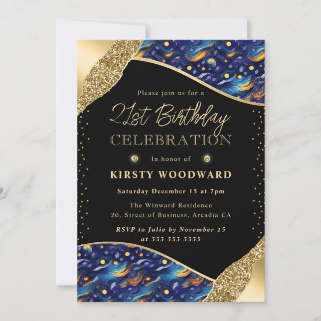 Blue and Yellow Starry Night 21st Birthday Invitation (Front)