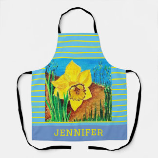 Blue and Yellow Stripe Floral All-Over Print Apron