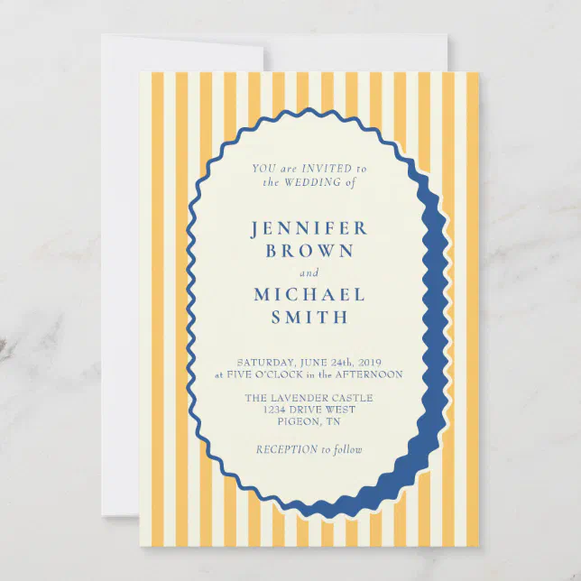 Blue and Yellow Striped Wedding Invitation | Zazzle