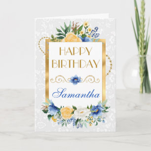 Blue and Yellow Summer Flowers Gold Foil Birthday Card