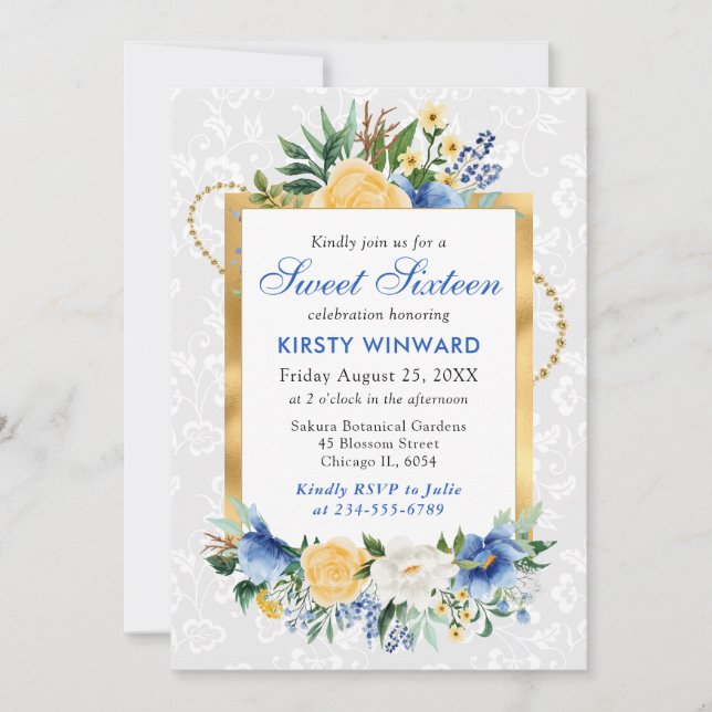 Blue and Yellow Summer Flowers Gold Foil Sweet 16 Invitation (Front)