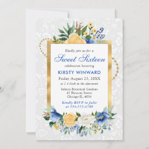 Blue and Yellow Summer Flowers Gold Foil Sweet 16 Invitation