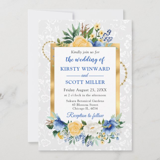 Blue and Yellow Summer Flowers Gold Foil Wedding Invitation (Front)