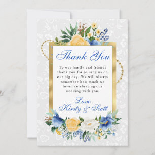 Blue and Yellow Summer Flowers Gold Foil Wedding Thank You Card
