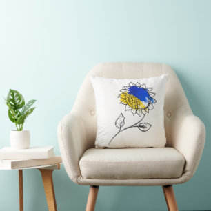 Blue and yellow sunflower in Ukrainian style Cushion