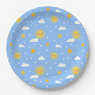 Blue And Yellow Sunshine Cloudy Sky Paper Plate