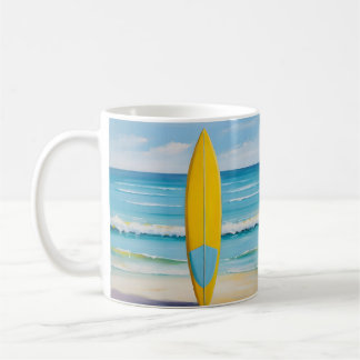 Blue and yellow surf board on the beach coffee mug