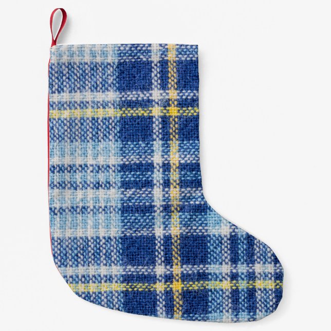 Blue and yellow tartan or plaid background for fas small christmas stocking (Front)