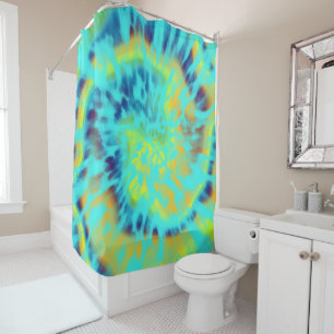 blue and yellow tie dye shower curtain