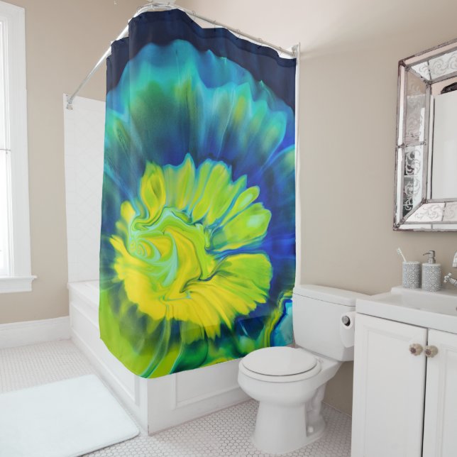 Blue and Yellow Tie Dye Shower Curtain (In Situ)