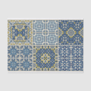 Blue and yellow tile design decoupage tissue paper