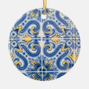Blue and yellow tile, Portugal Ceramic Tree Decoration