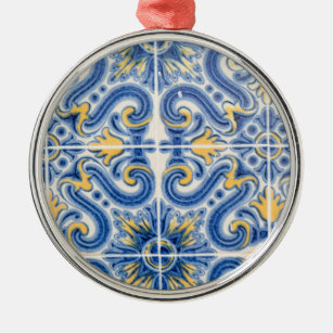 Blue and yellow tile, Portugal Metal Ornament