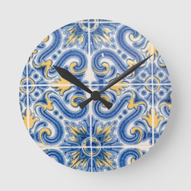 Blue and yellow tile, Portugal Round Clock (Front)