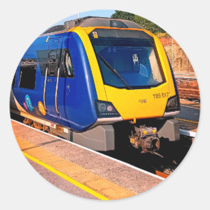 Blue and yellow train classic round sticker