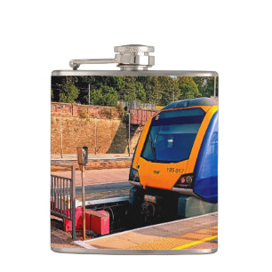 Blue and yellow train hip flask