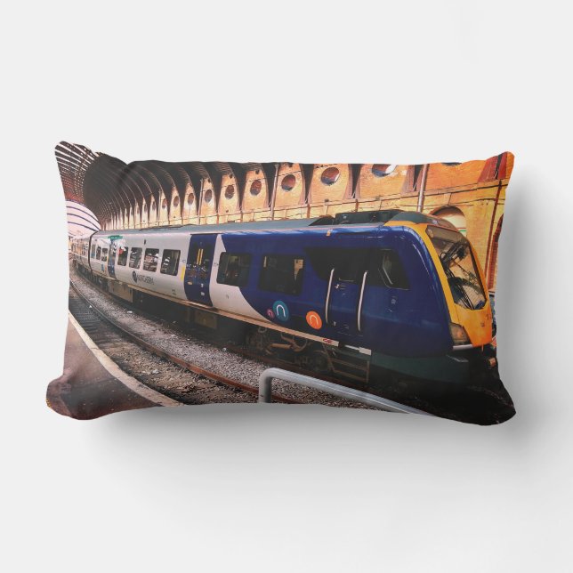 Blue and yellow train lumbar cushion (Front)