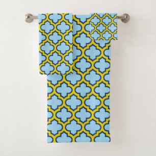 Blue and Yellow Trellis, Lattice, Quatrefoil Bath Towel Set