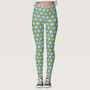 Blue and Yellow Trellis, Lattice, Quatrefoil Leggings
