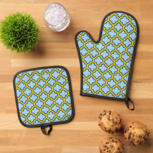 Blue and Yellow Trellis, Lattice, Quatrefoil Oven Mitt & Pot Holder Set