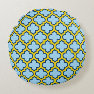 Blue and Yellow Trellis, Lattice, Quatrefoil Round Cushion