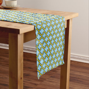 Blue and Yellow Trellis, Lattice, Quatrefoil Short Table Runner
