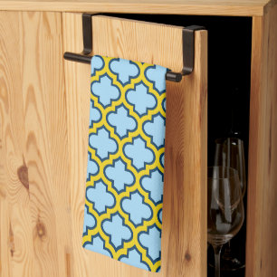 Blue and Yellow Trellis, Lattice, Quatrefoil Tea Towel