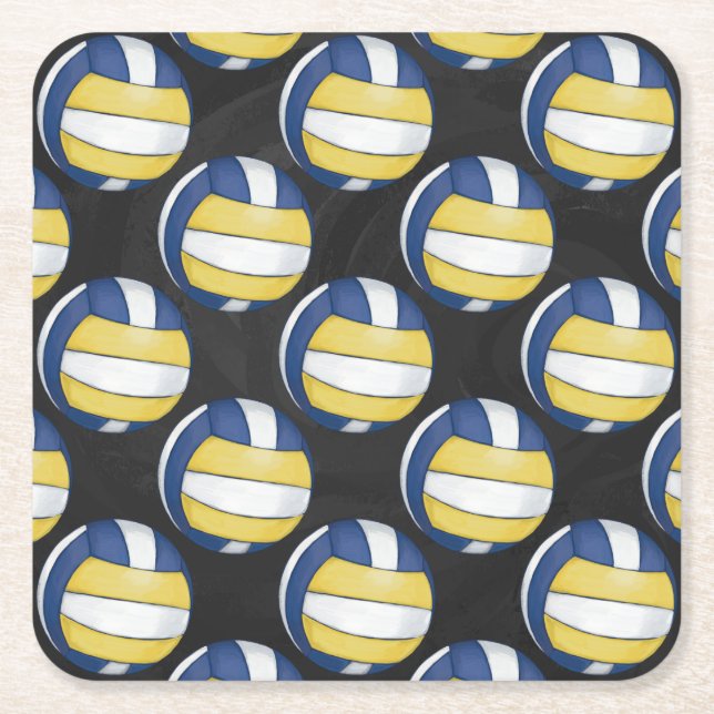 Blue and Yellow Volleyball Patterns Square Paper Coaster (Front)