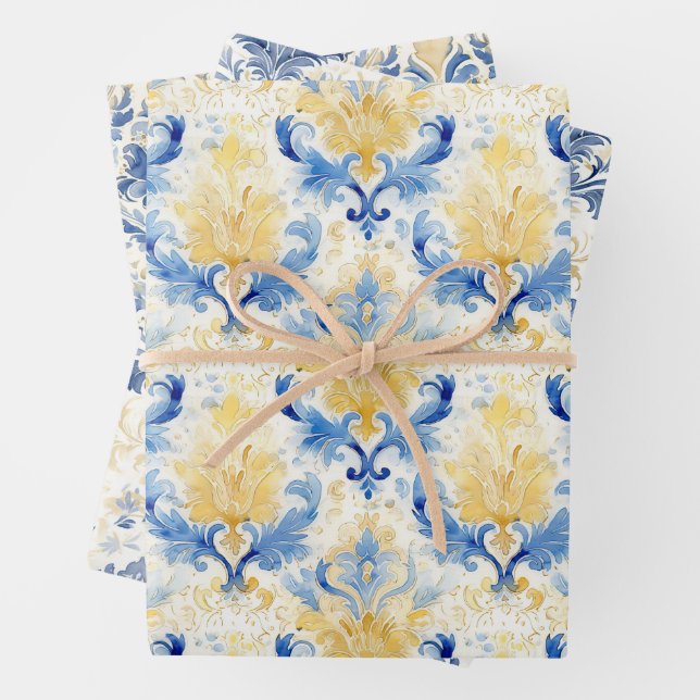 BLUE AND YELLOW WATERCOLOR DAMASK GIFT WRAPPING PAPER SHEET (In situ)
