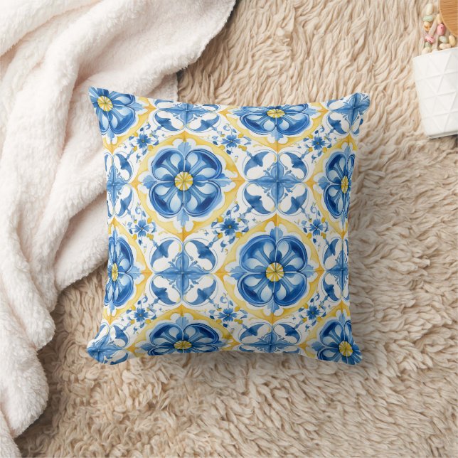  💛💙 Blue and yellow, watercolor floral Azulejos  Cushion (Blanket)