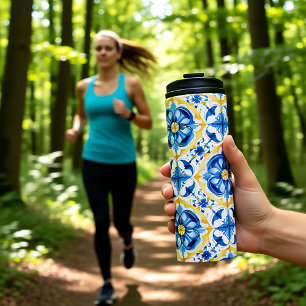💛💙 Blue and yellow, watercolor floral Azulejos Thermal Tumbler