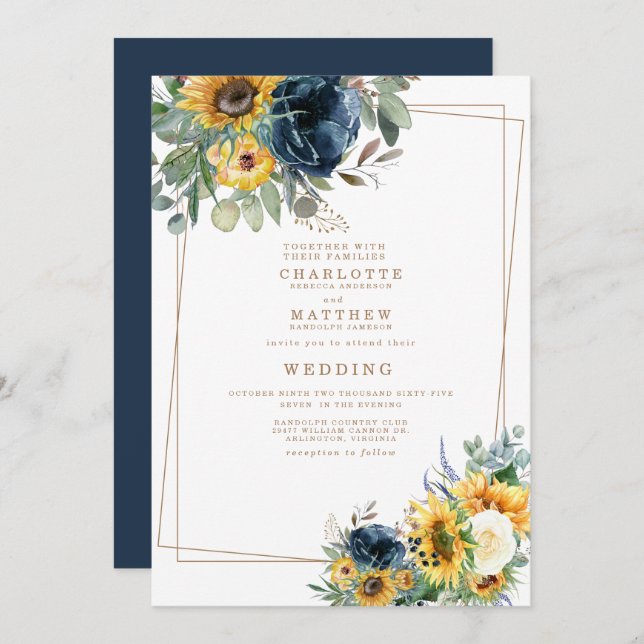 Blue and Yellow Watercolor Floral Wedding II Invitation (Front/Back)