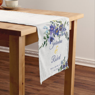 Blue and yellow watercolor floral wedding invitati short table runner