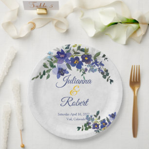 Blue and yellow watercolor floral wedding  paper plate
