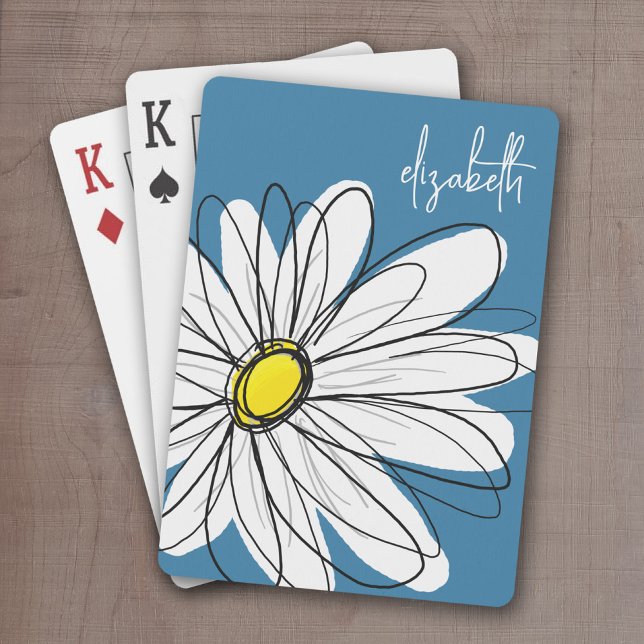 Blue and Yellow Whimsical Daisy Custom Text Playing Cards (Whimsical Daisy Drawing with a place to add your name - personalized playing cards)
