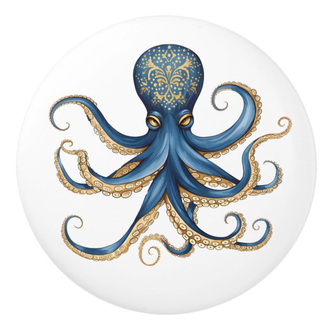 Blue and Yellow Whimsical Octopus Cabinet Drawer Ceramic Knob (Front)