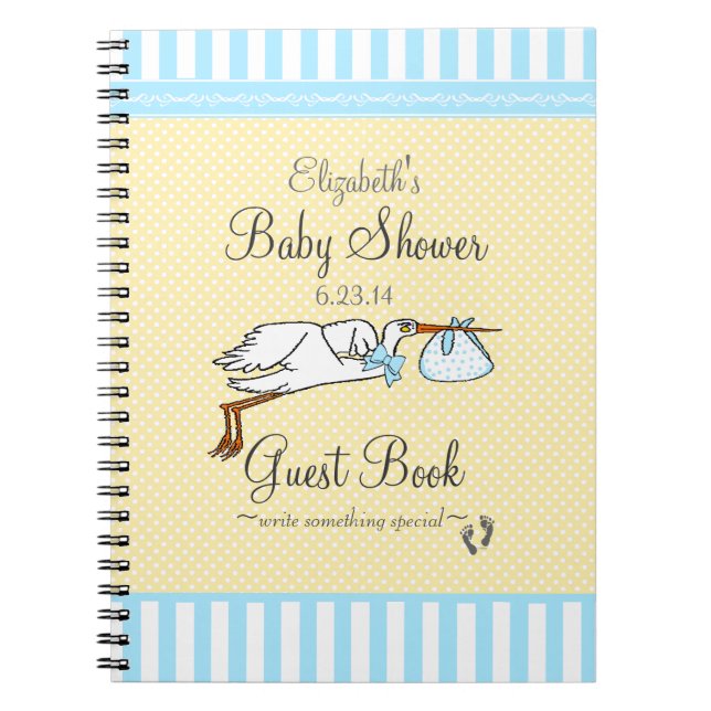 Blue and Yellow with Stork Baby Shower Guest Book (Front)