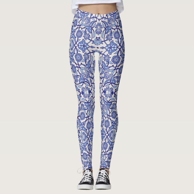 blue Andalusian Moroccan flowers mosaic Leggings (Front)