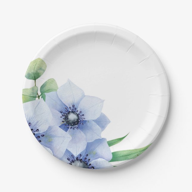 Blue Anemone and Eucalyptus Wedding  Paper Plate (Front)