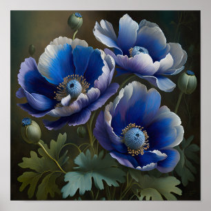 Blue Anemone Flowers Art Print Poster