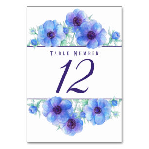 Blue anemone watercolor art table numbers