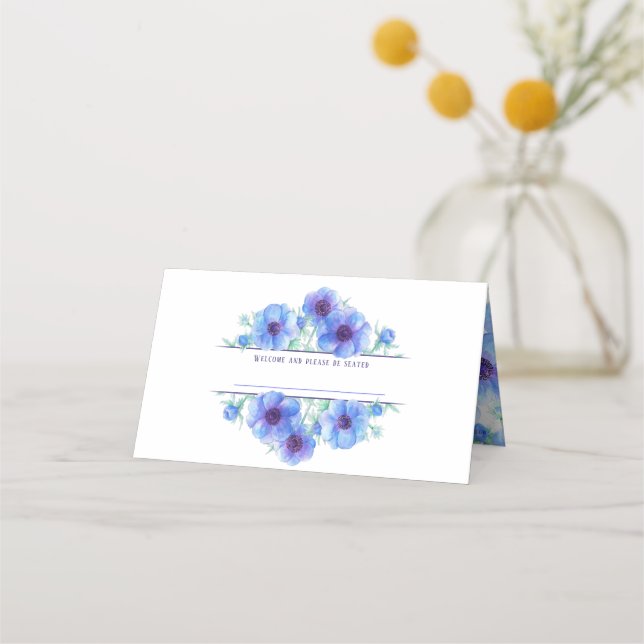 Blue anemone watercolor wedding guest place cards (Front)