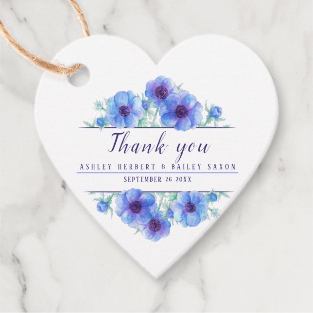 Blue anemone watercolor wedding thank you favour tags (Front)