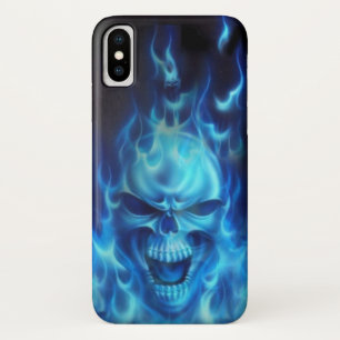 Blue Angry Skull Head with Flames iPhone X Case