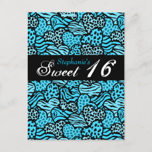 Blue animal pattern hearts Sweet 16 Postcard