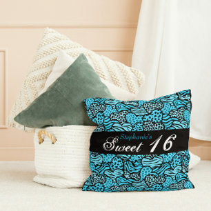 Blue animal pattern hearts Sweet Sixteen Pillow
