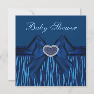 Blue Animal Print, Bow & Jewel Heart Baby Shower Invitation